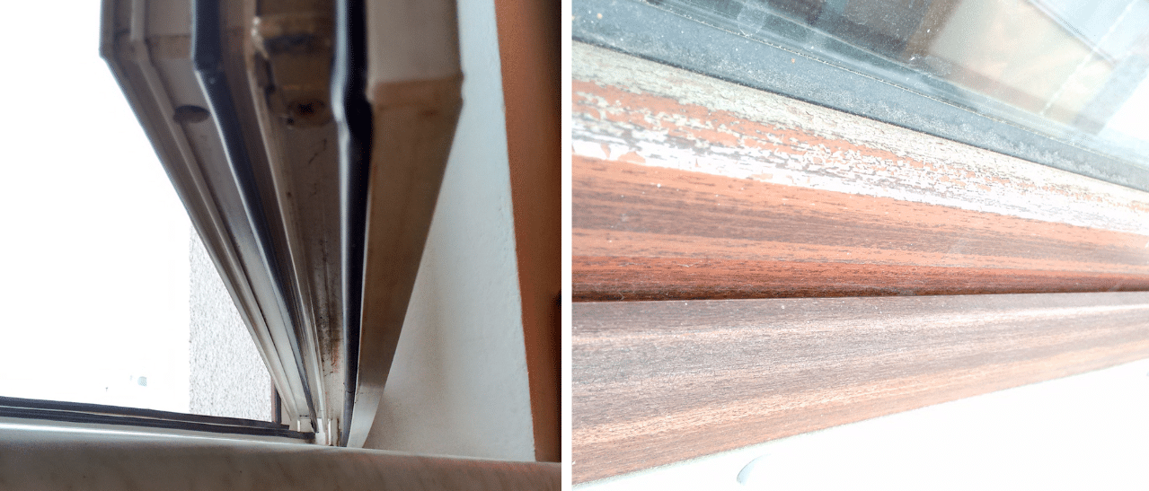 Schadensbild - Verzogene Fensterprofile als Ursache für defekte Fenster.