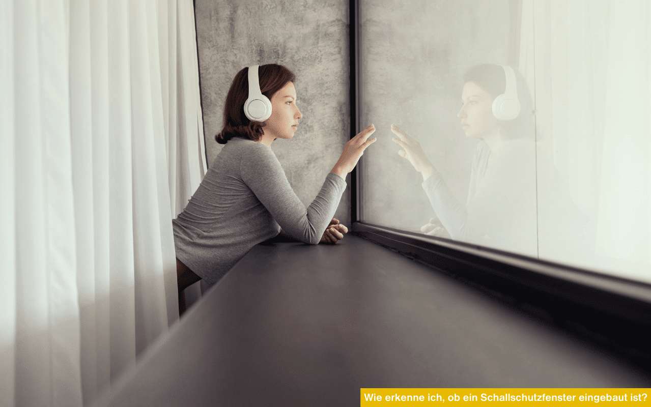 Eine Frau mit Kopfhörern lehnt an einer Fensterscheibe und blickt nach draußen - Fokus auf Schallschutzprüfung.