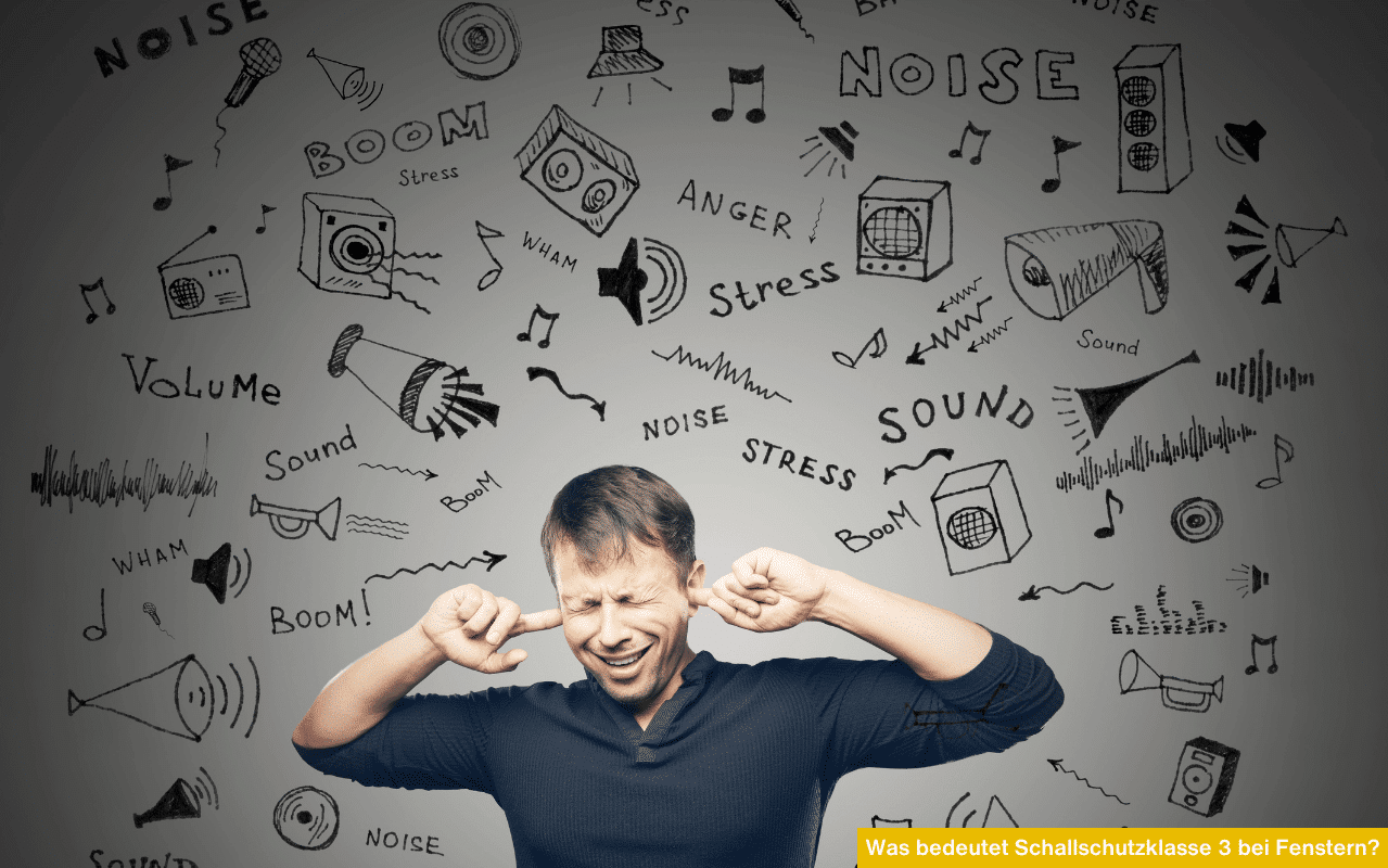 Ein Mann hält sich die Ohren zu, umgeben von Illustrationen zu Lärmbegriffen wie Noise, Stress und Sound.
