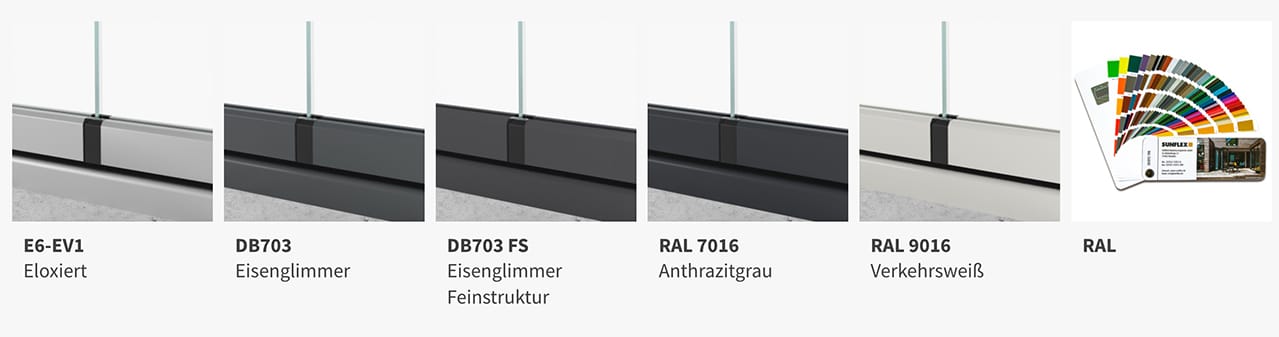Sunflex Schiebe-Dreh-Systeme in Farben wie Natur eloxiert, DB 703 Eisenglimmer, RAL 7016 Anthrazit und RAL 9016 Verkehrsweiß.