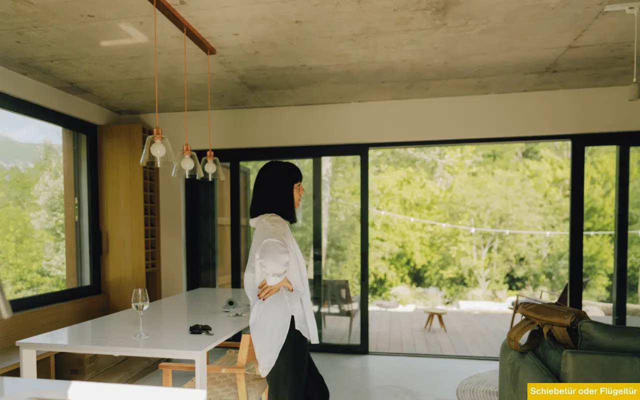 Schiebetür oder Flügeltür als elegante Lösung für lichtdurchflutete Räume und direkten Zugang zur Terrasse.