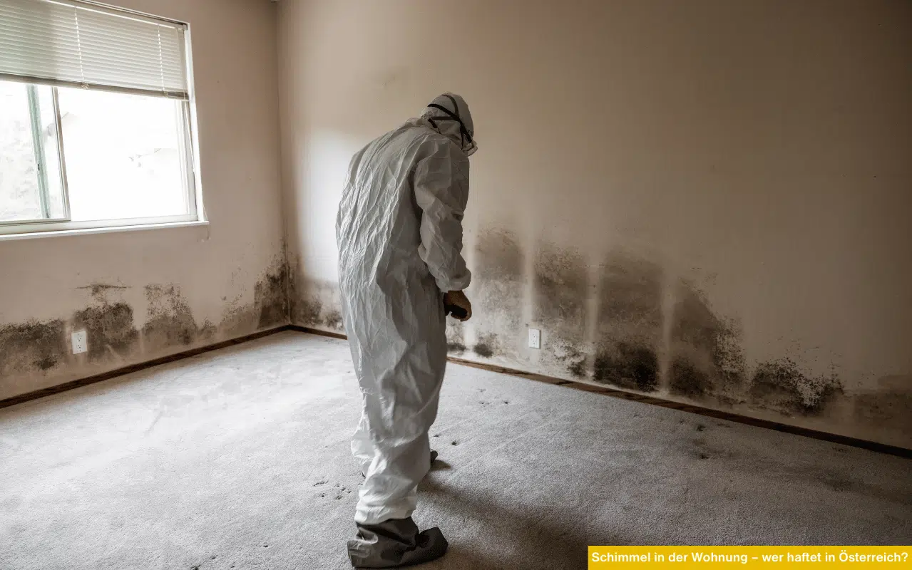 Schimmel in der Wohnung – wer haftet in Österreich? Person im Schutzanzug prüft Schimmel an der Wand