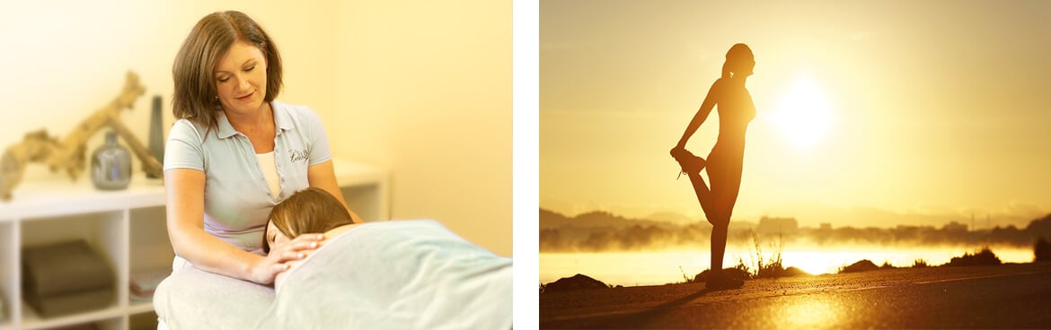 Licht und Wohlbefinden bei The Body Lounge Ottensheim Massage und Dehnübungen im Sonnenaufgang für Vitalität.
