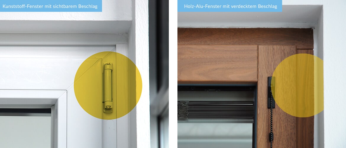 Dieses Vergleichsbild visualisiert den Unterschied zwischen herkömmlichen sichtbaren Scharnieren an einem weißen Kunststofffenster und der modernen, unsichtbaren Technik eines verdecktliegenden Beschlags an einem edlen Holz-Aluminium-Rahmen für ein minimalistisches Design.