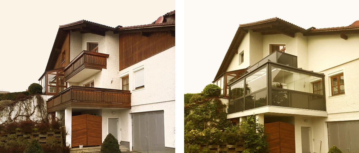 Balkonverglasung Oberösterreich - Vorher und Nachher Foto eines verglasten Balkons am Wohnhaus