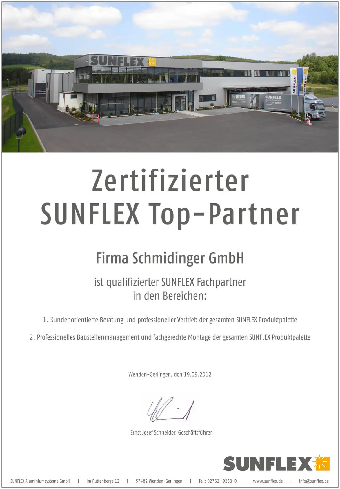 Sunflex Top-Partner Zertifikat