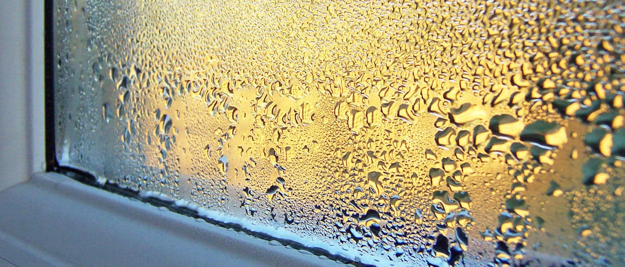 Beschlagenes Fenster von innen mit Kondensatwasser am Glasrand – Zeichen für zu hohe Luftfeuchtigkeit im Raum