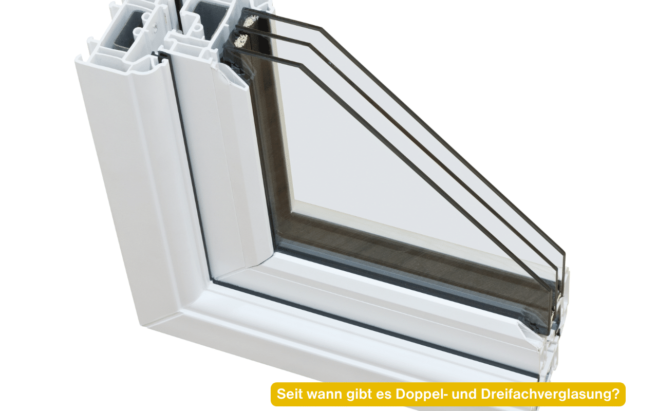 Seit wann gibt es Doppel- und Dreifachverglasung? Querschnitt eines Kunststofffensters mit Dreifachverglasung