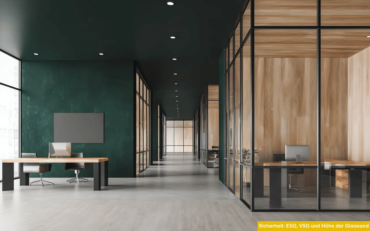Sicherheit ESG VSG und Höhe der Glaswand verglaste Büroräume mit klaren Glaswänden und schwarzem Rahmen in modernem Büroflur