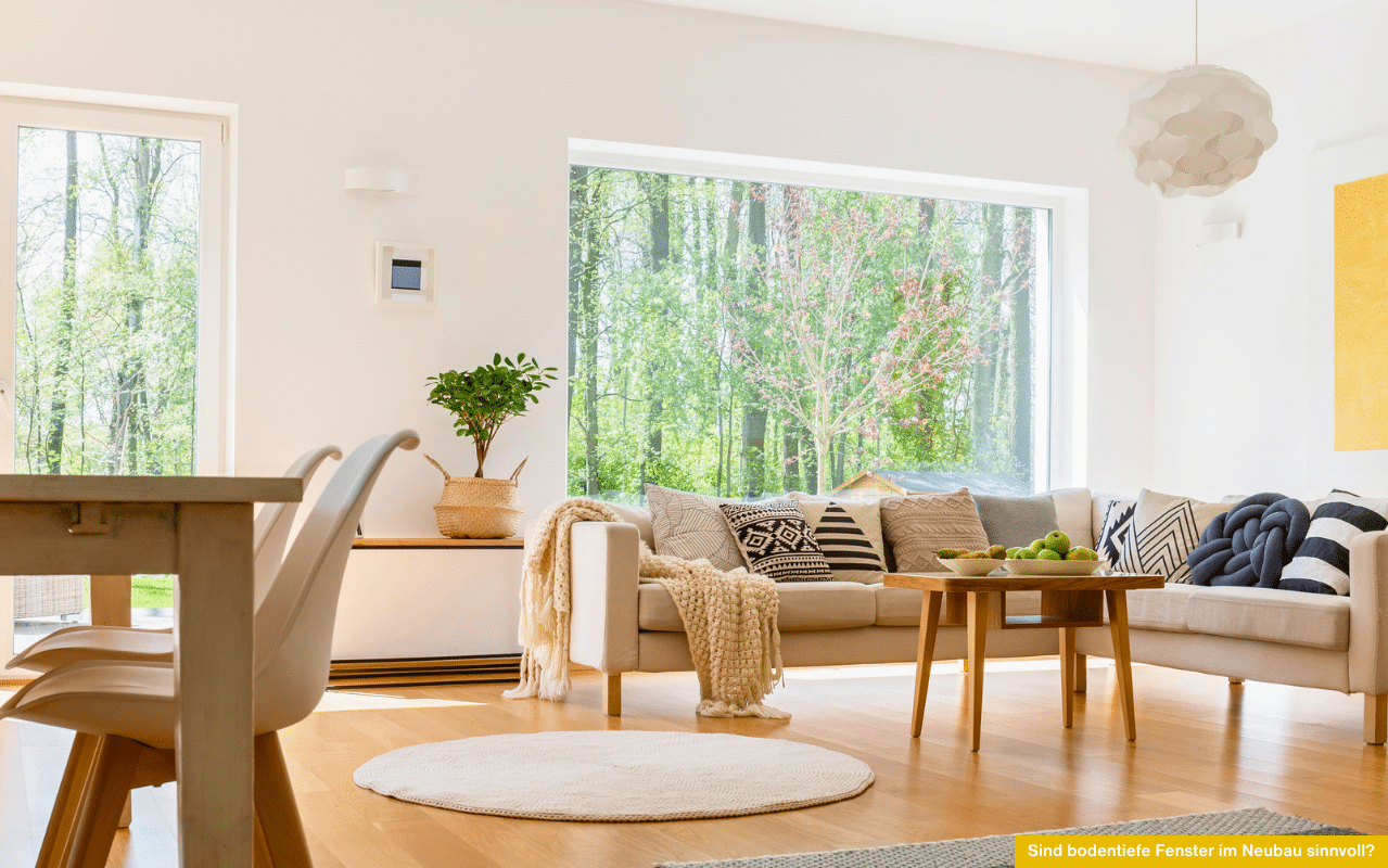 Ein modernes Wohnzimmer mit großflächigen bodentiefen Fenstern, durch die man in einen blühenden Frühlingsgarten blickt. Die Einrichtung ist hell und freundlich, die Fenster lassen viel Tageslicht in den Raum und schaffen eine offene Atmosphäre.