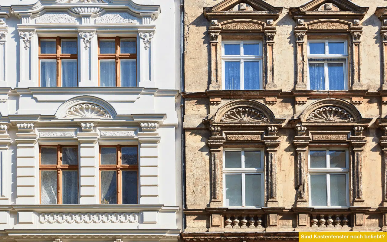 Sind Kastenfenster noch beliebt zeigt zwei Fassaden mit traditionellen Fensterformen und verdeutlicht die Bedeutung moderner und historischer Kastenfenster
