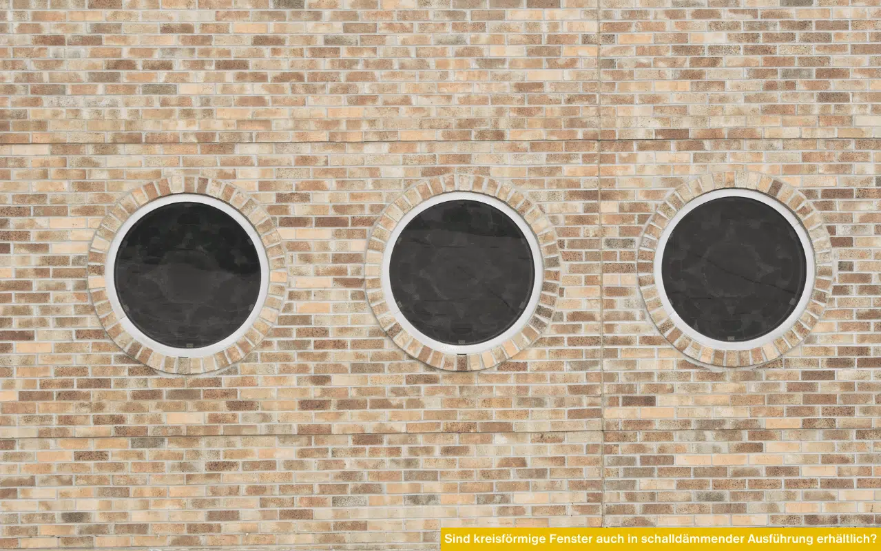 Sind kreisförmige Fenster auch in schalldämmender Ausführung erhältlich? Drei runde Fenster in Ziegelwand mit Schallschutzverglasung.