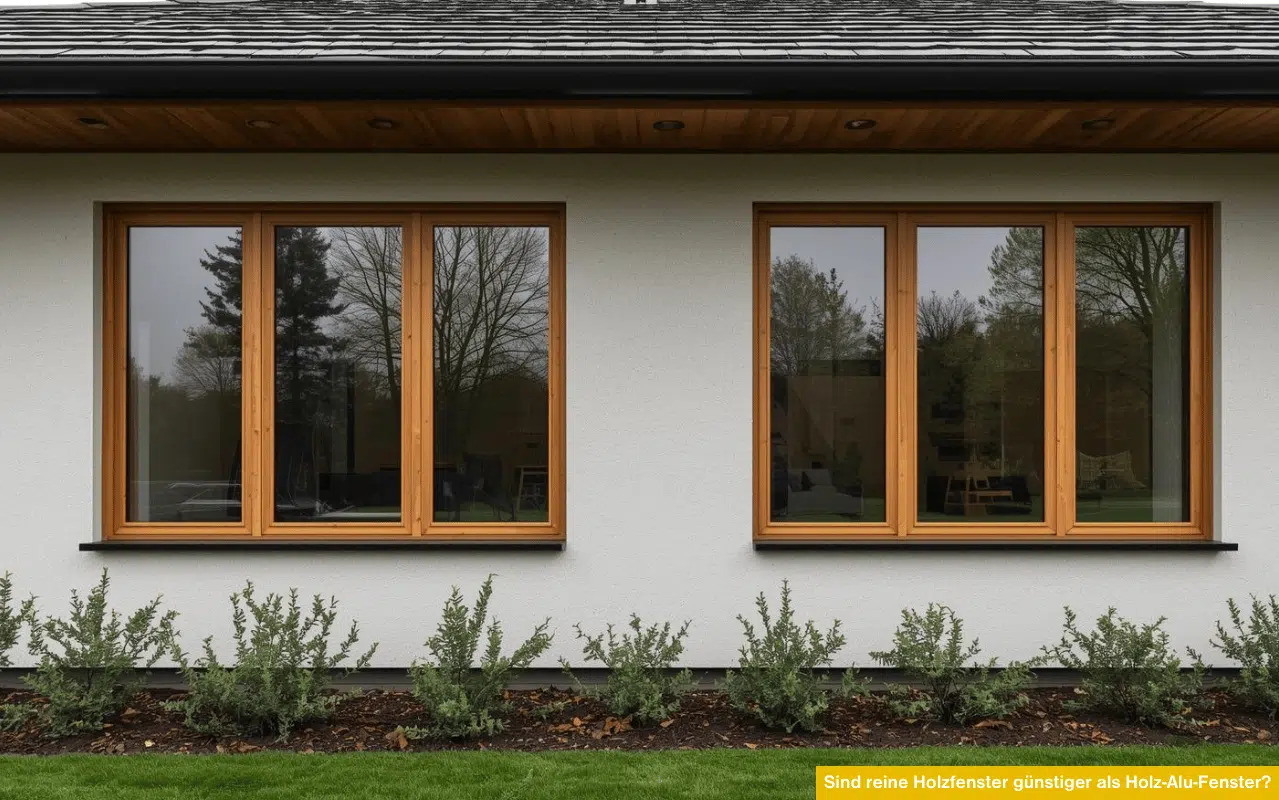 Sind reine Holzfenster günstiger als Holz-Alu-Fenster moderne Hausfassade mit warmen Holzfenstern und klarer Glasoptik