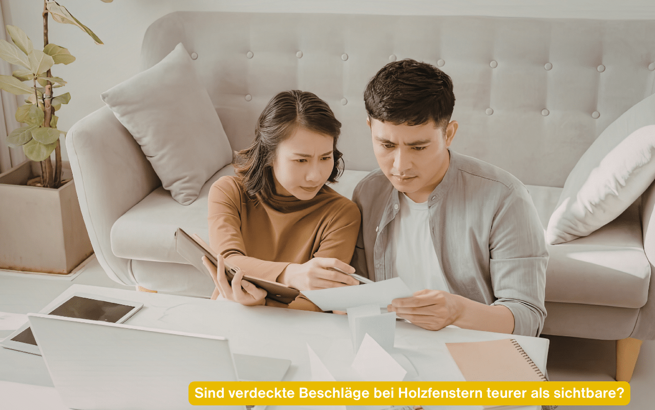 Sind verdeckte Beschläge bei Holzfenstern teurer als sichtbare? Junges Paar sitzt am Sofa und liest gemeinsam ein Angebot