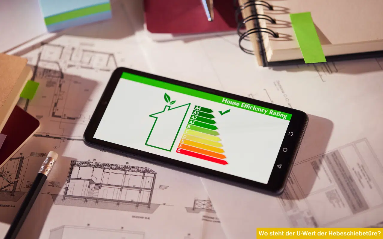 Smartphone mit Energieeffizienz-Skala auf Bauplänen. Wo steht der U-Wert der Hebeschiebetüre? Dokumente prüfen.