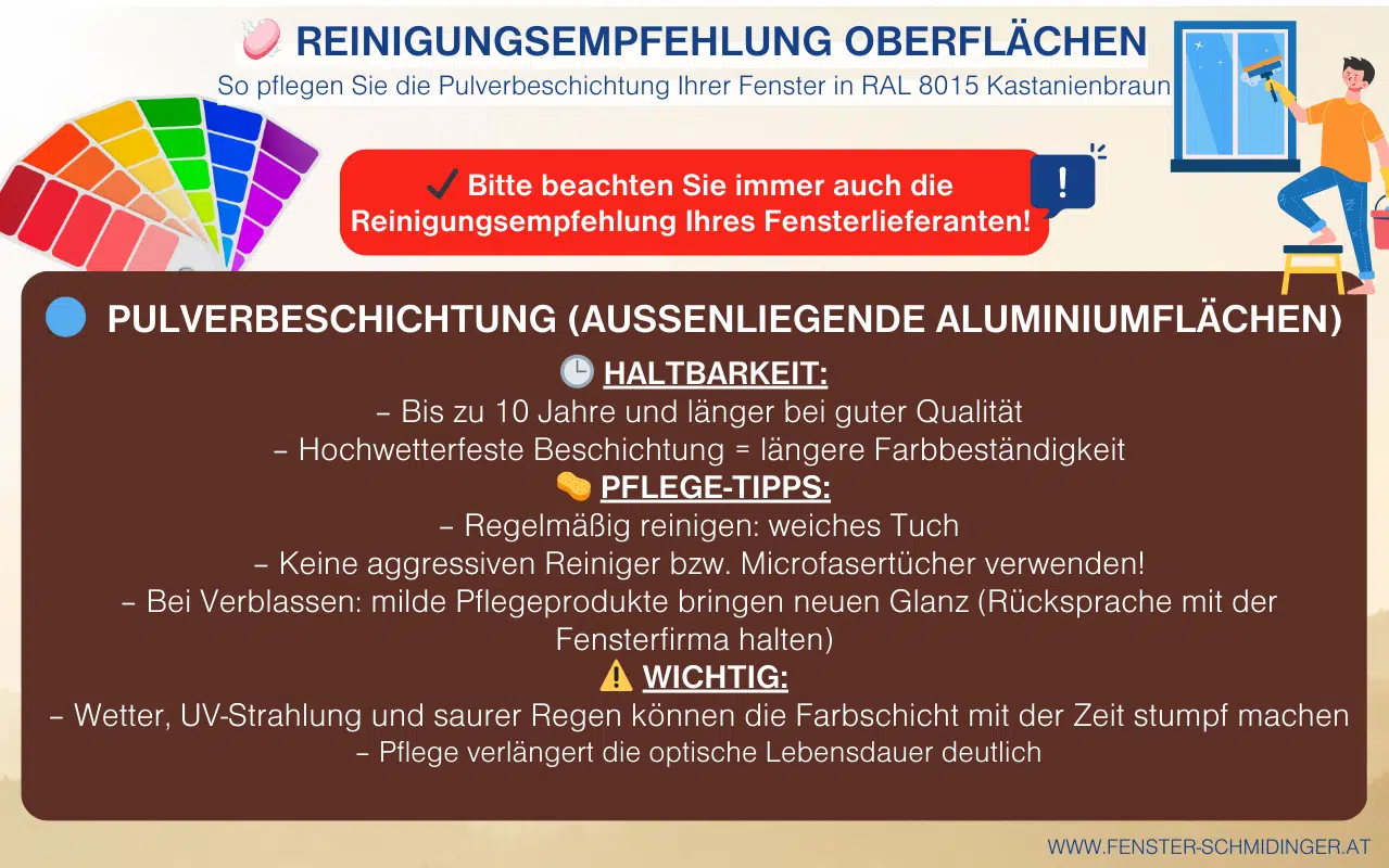 So pflegen Sie die Pulverbeschichtung Ihrer Fenster in RAL 8015 Kastanienbraun Infografik mit Tipps zu Haltbarkeit und Reinigung