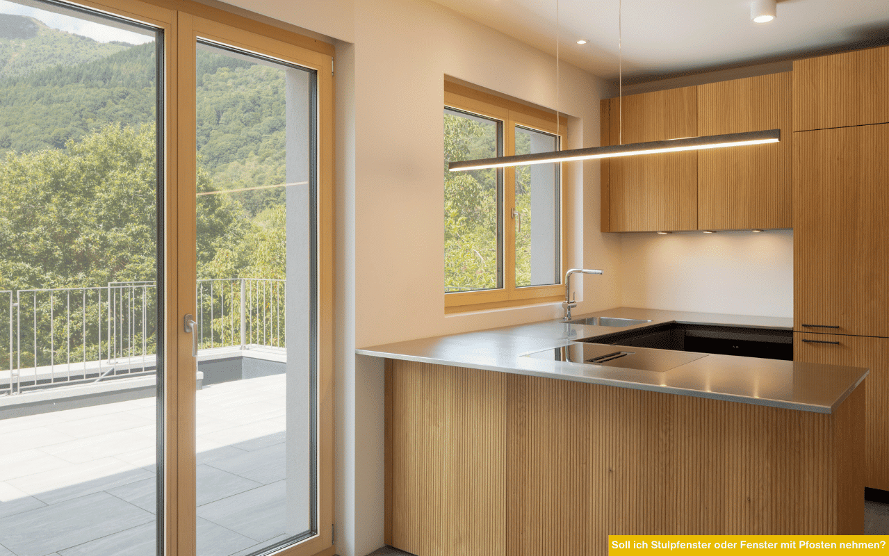 Soll ich Stulpfenster oder Fenster mit Pfosten nehmen? Bild einer Küche mit Holzfenstern, Stulpfenster bieten ästhetischen Vorteil, aber weniger Stabilität.