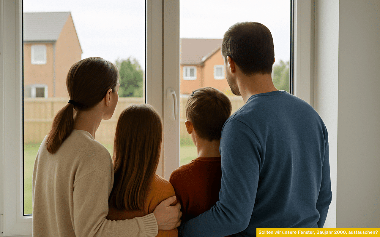 Sollten wir unsere Fenster, Baujahr 2000, austauschen? Die Familie blickt nach draußen und überlegt den Fenstertausch für mehr Energieeffizienz.