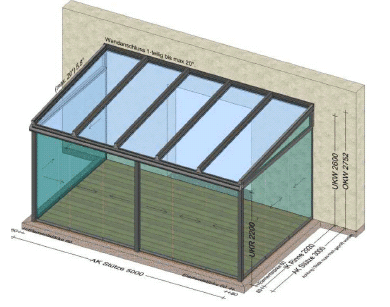 Moderne Ausführung - Skizze, 5x3m, RAL 9007 Graualuminium, 12,76 VSG, Alu-Glas-Konstruktion.