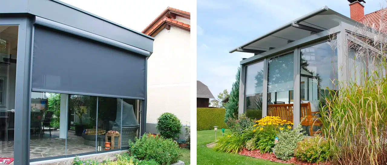 Links: Sommergarten mit senkrechter Fenstermarkise für Schatten. Rechts: Aufglas-Markise für optimalen Sonnenschutz.