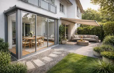 Vergleich eines modernen Sommergartens mit Glasfronten und einer großen ausgefahrenen Markise über einer Terrasse mit Lounge.