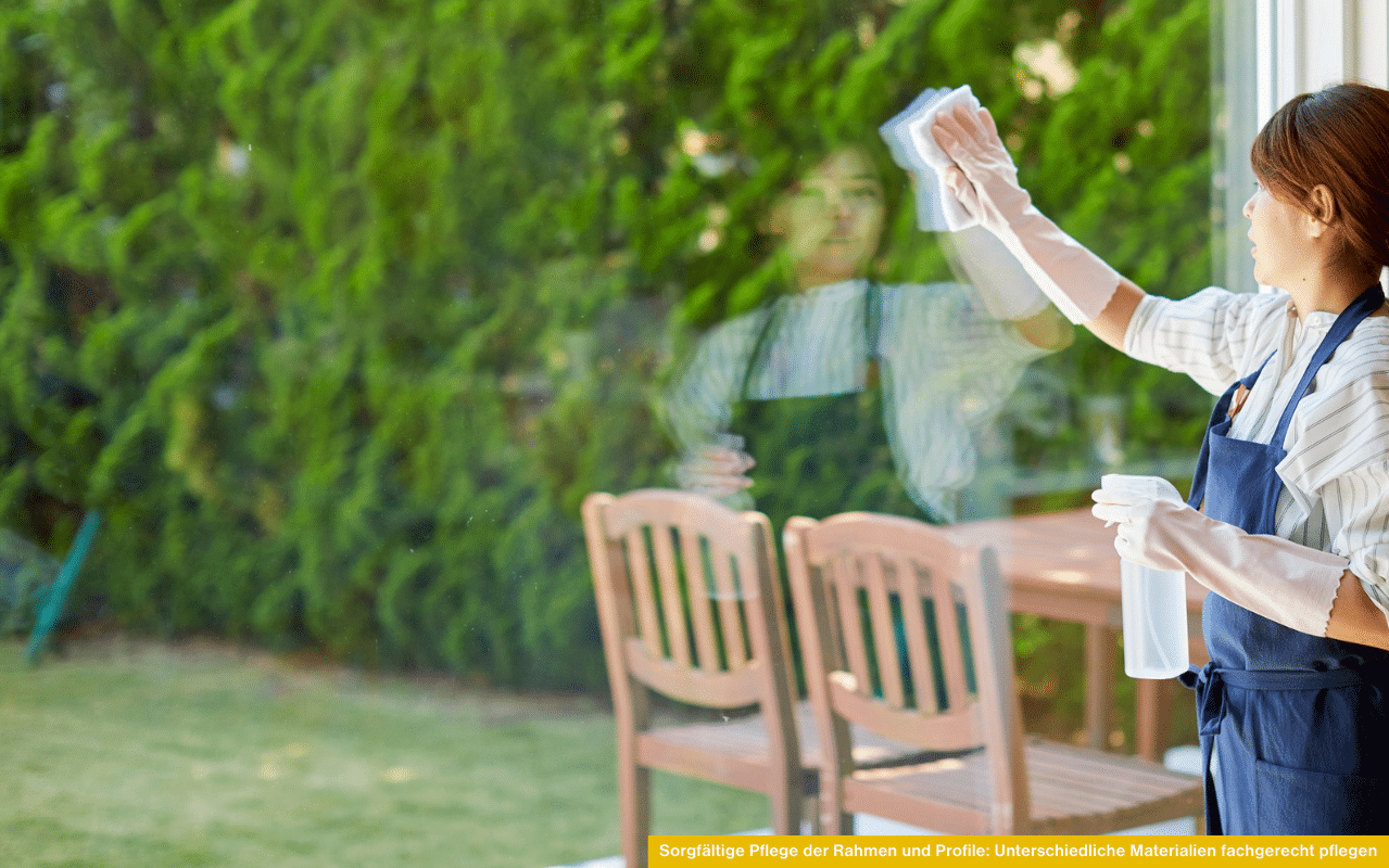 Eine Frau reinigt eine große Glasfläche im Sommergarten von innen mit einem Tuch und einer Sprühflasche. Sie trägt Haushaltshandschuhe und eine Schürze.