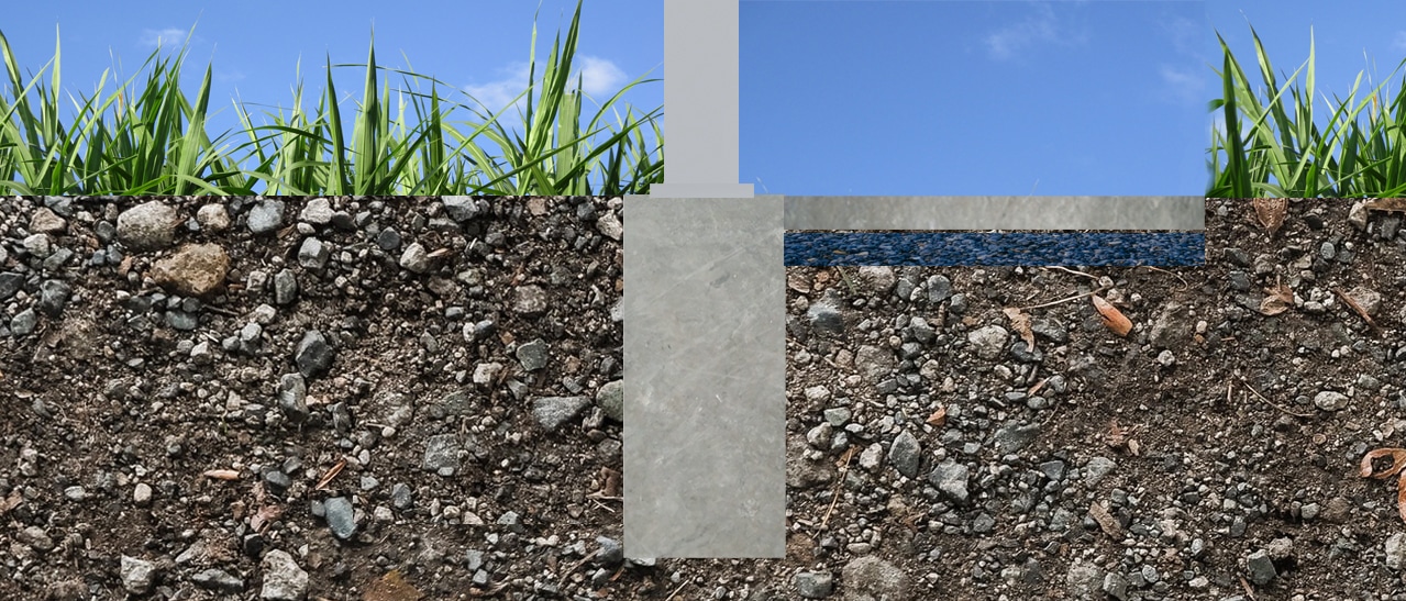 Das Bild zeigt ein Streifenfundament im Querschnitt. Ein länglicher Betonstreifen ist tief im Boden verankert, darüber befindet sich ein senkrechter Stützpfosten. Umgeben ist die Konstruktion von Erde und Gras mit blauem Himmel im Hintergrund.
