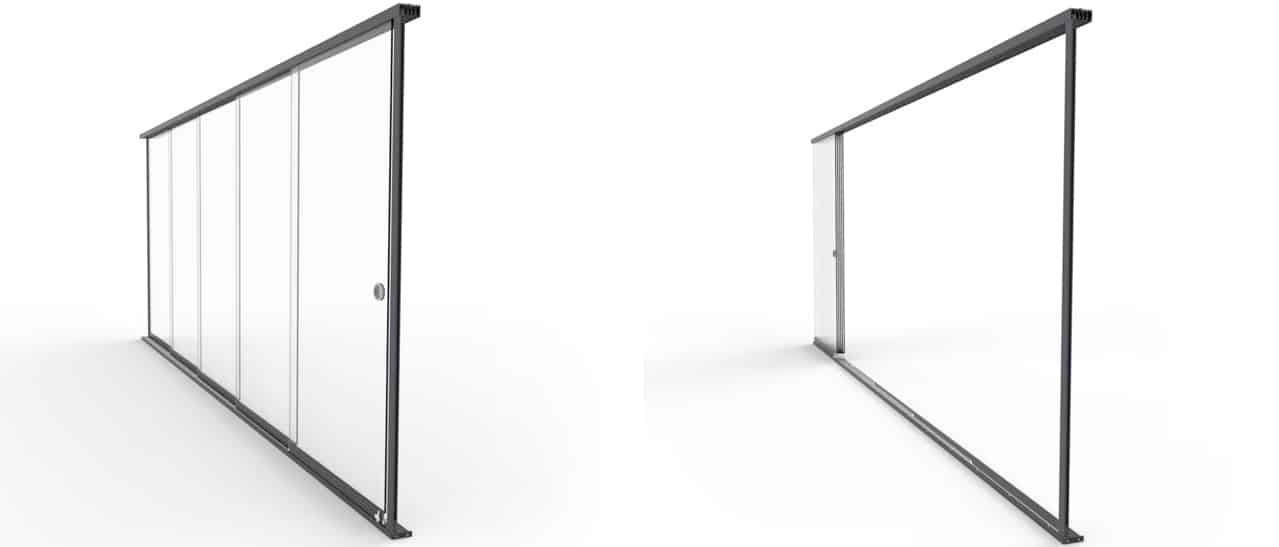 Sunflex Glasschiebetüren SF20 - Linkes Bild zeigt die Glasschiebetüre im geschlossenen Zustand - Rechtes Bild im geöffneten Zustand
