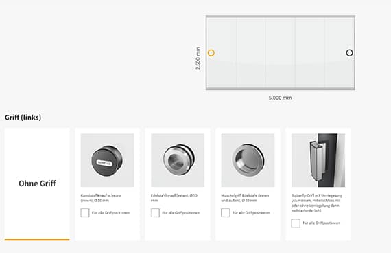 Sunflex Konfigurator zeigt Griffauswahl für Glas-Schiebe-Systeme von Kunststoff über Edelstahl bis Stangengriff für individuelle Planung.
