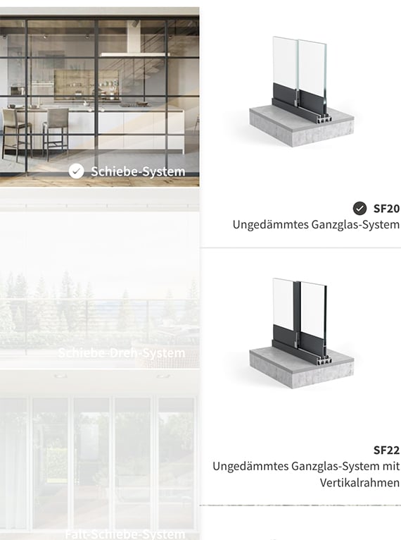 Sunflex Konfigurator zur Auswahl von Schiebe- und Ganzglas-Systemen wie SF20 oder SF22 für individuelle Planung und Gestaltung.