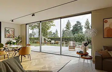 Moderne Stadtvilla mit Sunflex Schiebefenstern Typ SF 60 und SF 80, filigrane Profile.