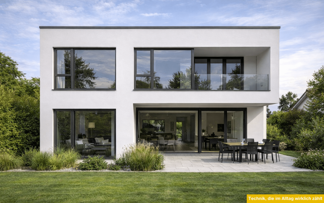 Technik, die im Alltag wirklich zählt modernes Wohnhaus mit großen Fenstern in graphitgrau und klarer Architektur