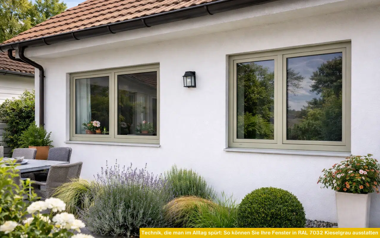 Technik, die man im Alltag spürt: So können Sie Ihre Fenster in RAL 7032 Kieselgrau ausstatten an Wohnhausfassade.