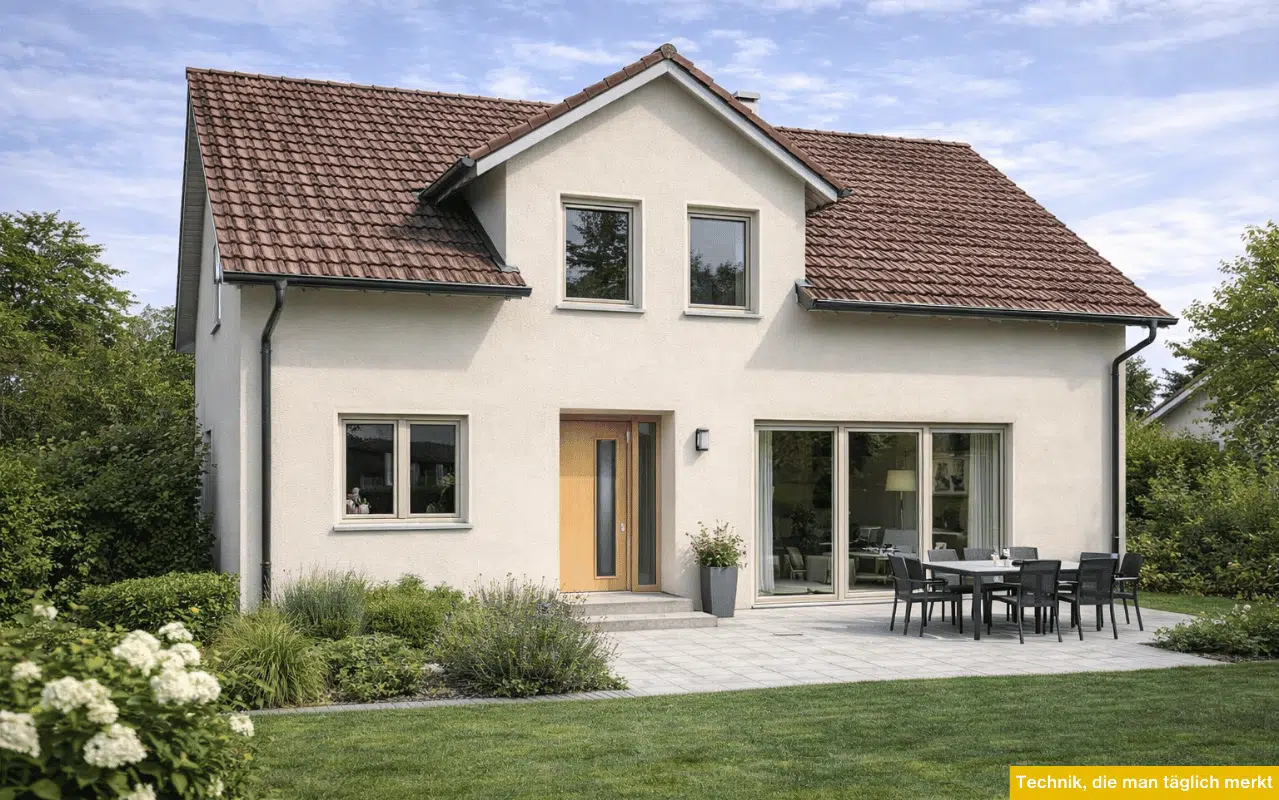 Technik, die man täglich merkt bei modernen Fenstern an Einfamilienhaus mit Terrasse und großen Glasflächen.