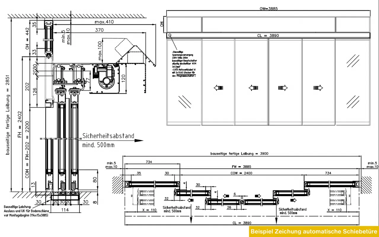 Technische Konstruktionszeichnung einer automatischen Schiebetüranlage mit Grundriss, Schnitt und Ansicht.