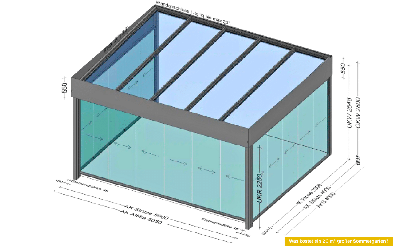 Technische Zeichnung eines Sommergartens mit Maßangaben zur Veranschaulichung der Frage Was kostet ein 20 m² großer Sommergarten?