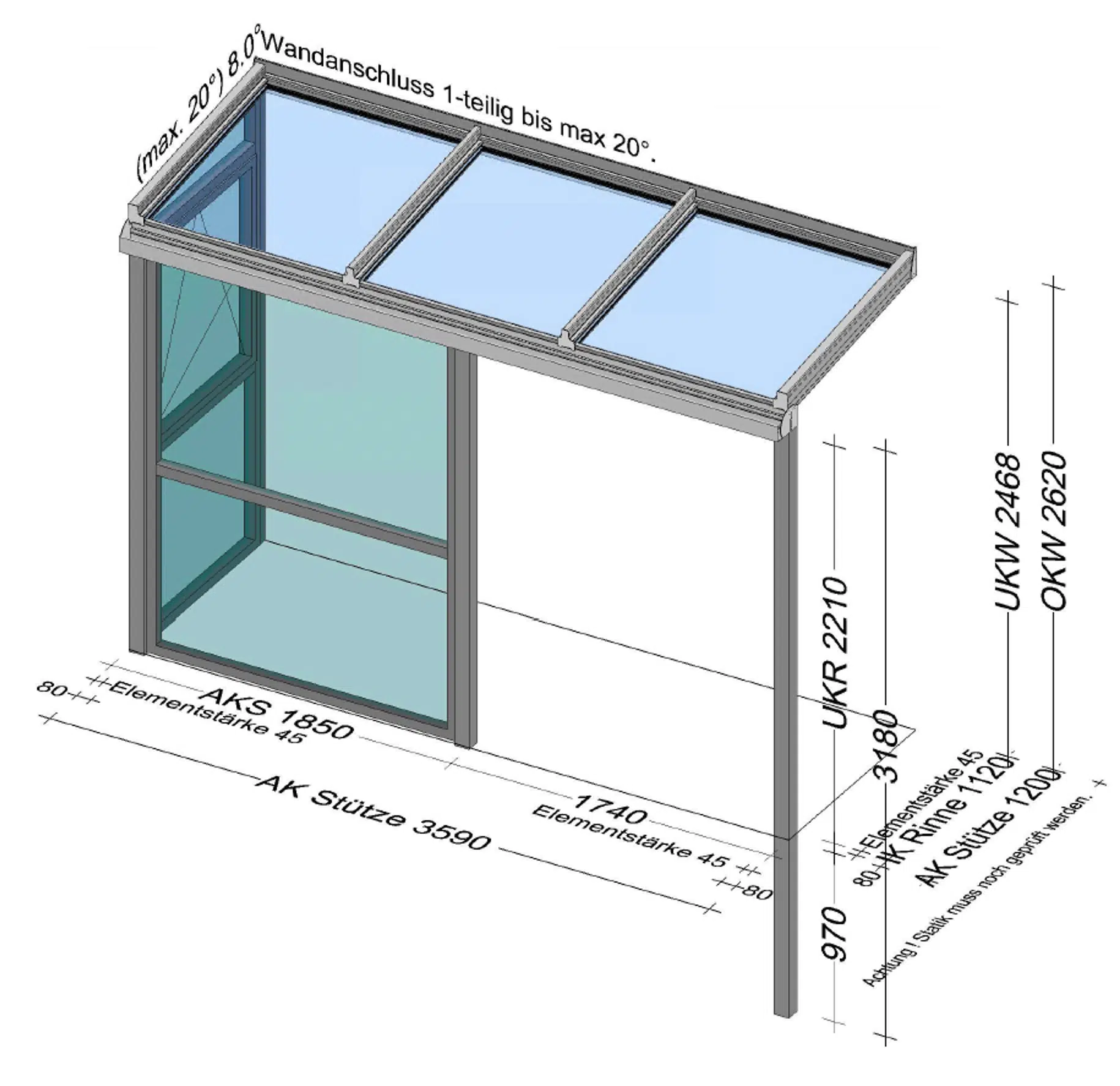 Terrassendach Alu Glas mit Seitenwänden als Windfang
