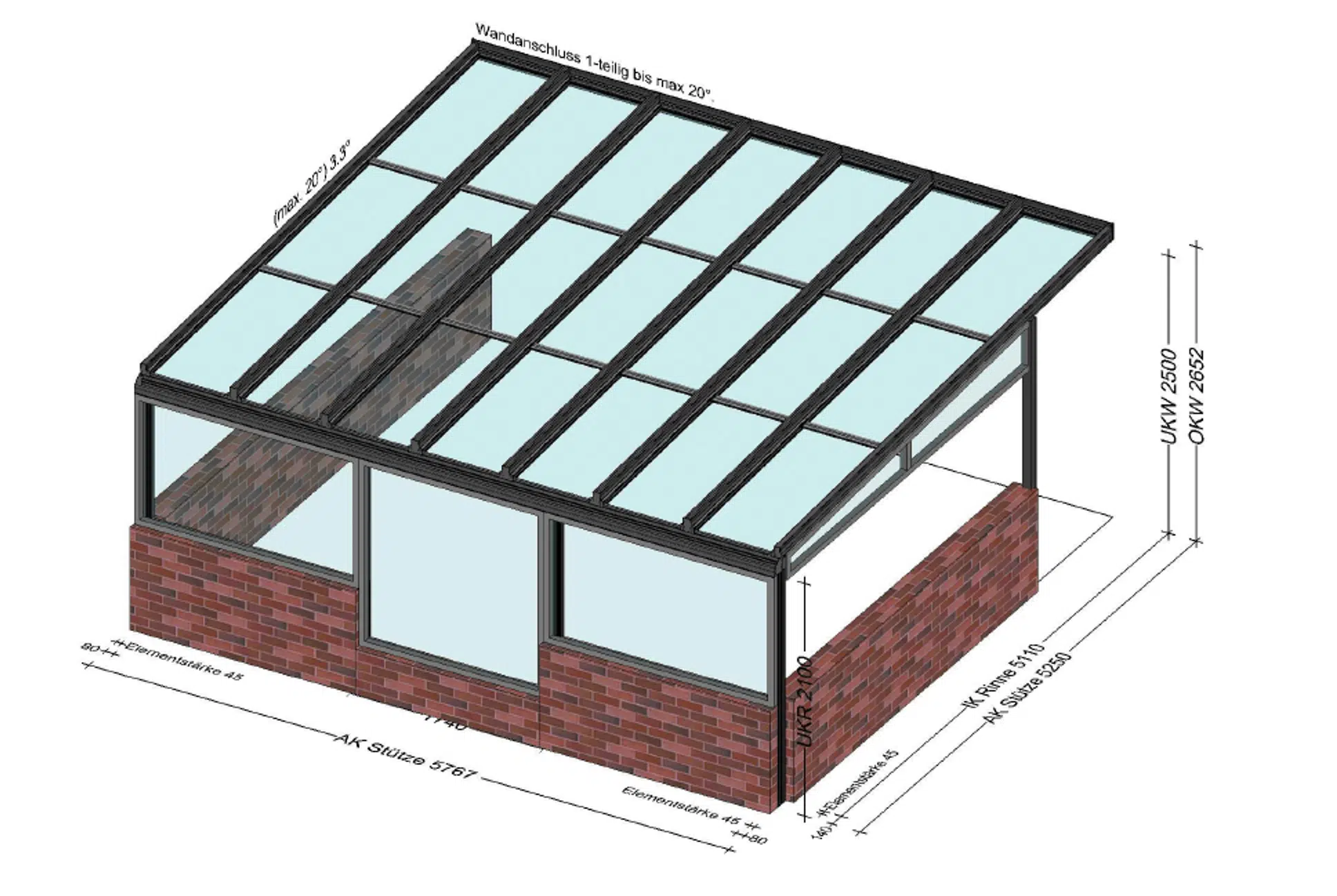 Terrassendach Alu - Vorne mit Fixverglasung geschlossen
