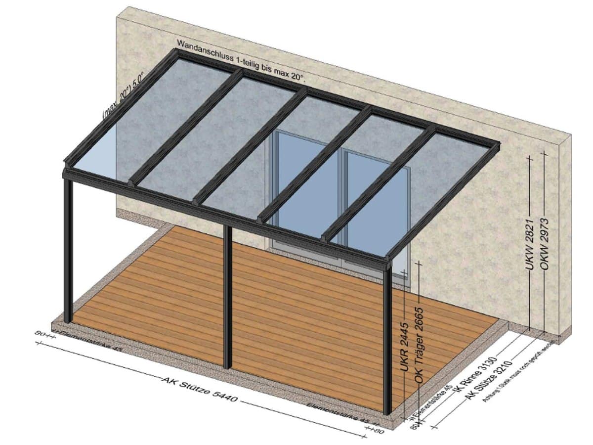Planungszeichnung eines Terrassendachs aus Aluminium mit Glasdach und Schiebetür für ein Haus in Vöcklabruck