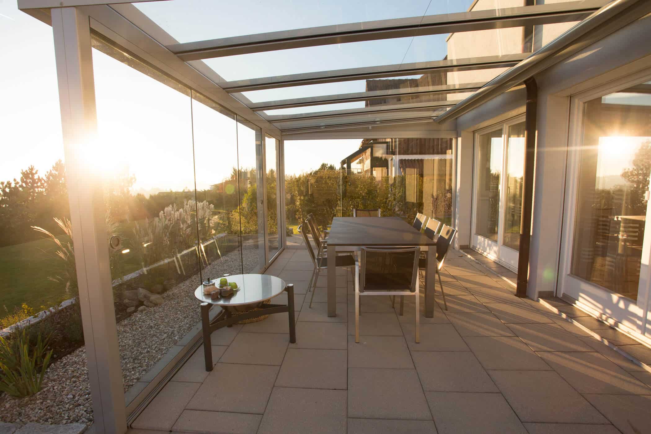 Terrassendach Glas mit Glasschiebeelemente