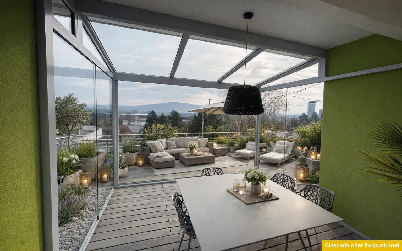 Lichtdurchfluteter Wintergarten auf einer Dachterrasse mit Panoramablick, eingerichtet mit Essgruppe und Lounge-Bereich.