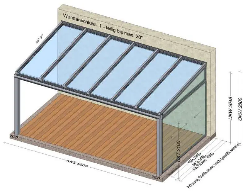 Terrassenüberdachung 1 Seite geschlossen mit Glasschiebetüren