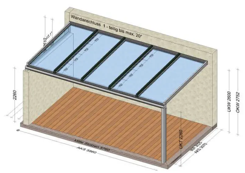 Planungsbeispiel Terrassenüberdachung 4-teilig in Aluminium mit Verbundsicherheitsglas / eine Seite offen / eine Seite mit Mauer - Maß: 5860 x 3100 mm
