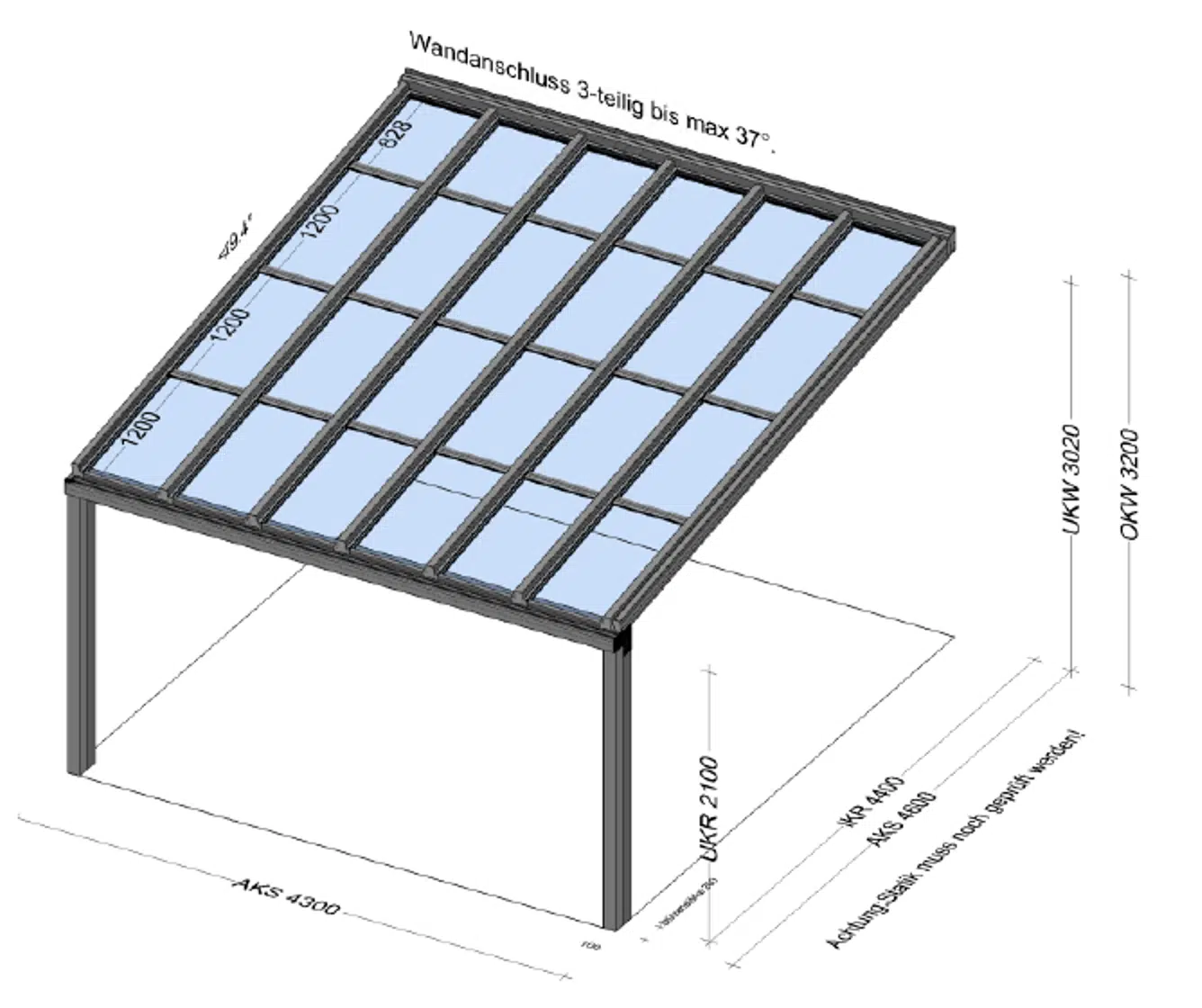 Terrassenüberdachung 4,3 × 4,6 Meter mit semitransparenten PV-Modulen – Preis
