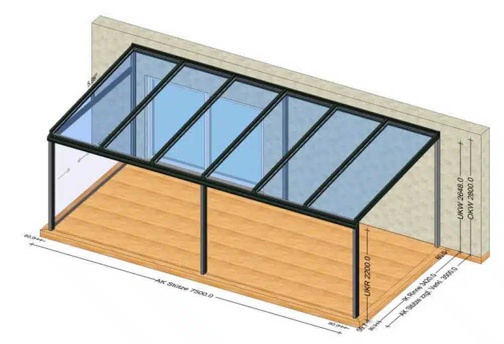 Terrassenüberdachung 7x5 Meter mit Seitenwand zu schieben