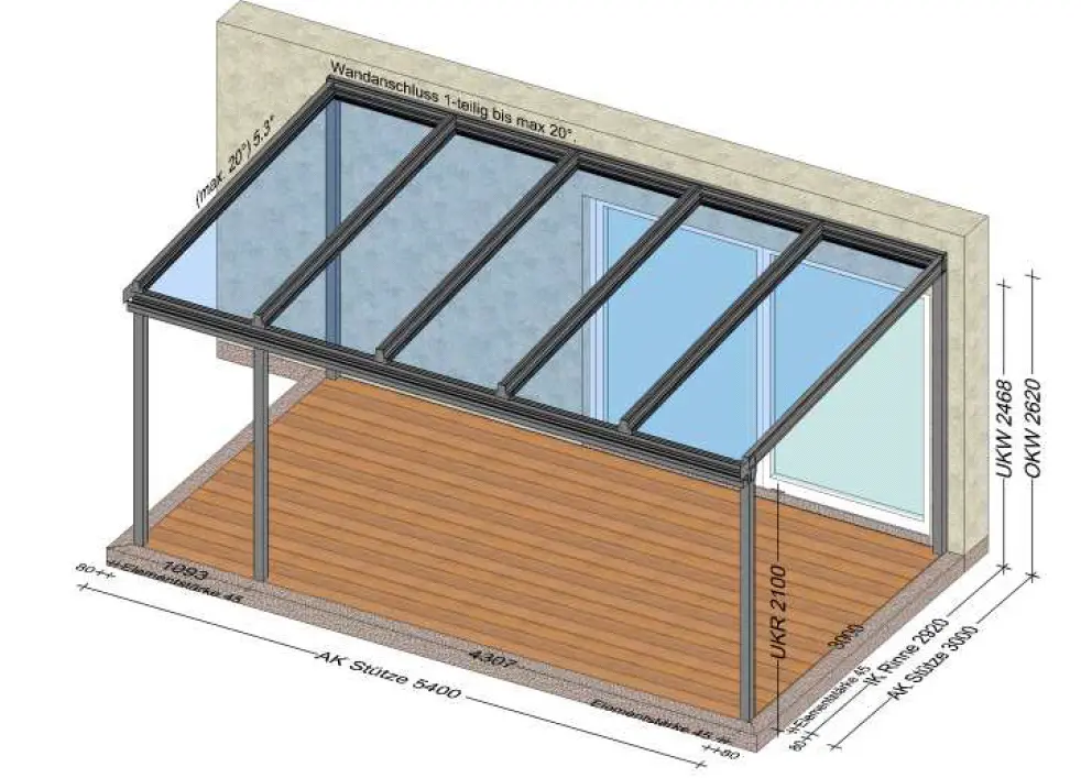Terrassenüberdachung Aluminium mit Formrohr an der Wand - Planung