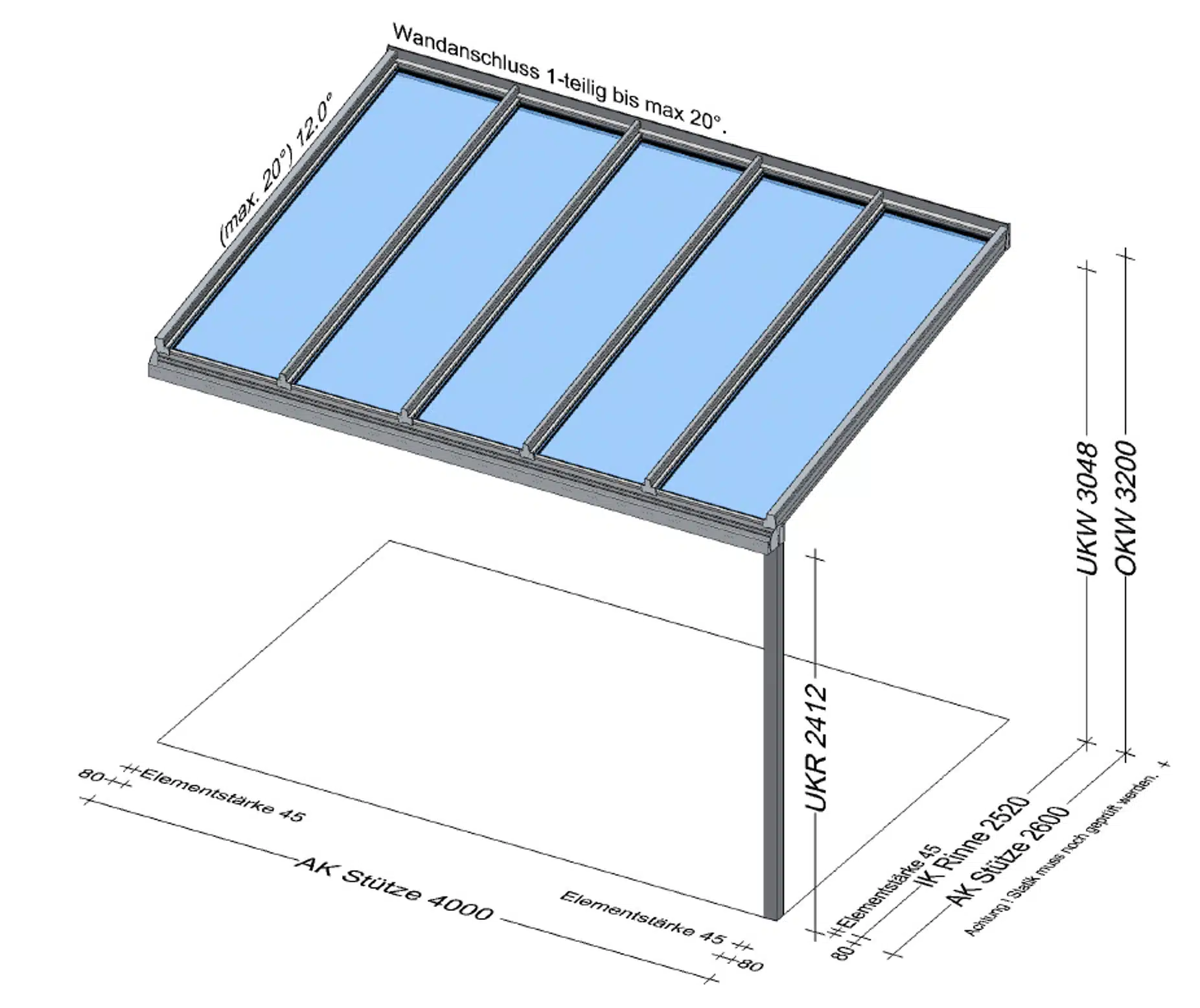 Terrassenüberdachung am Hausdach anschließend