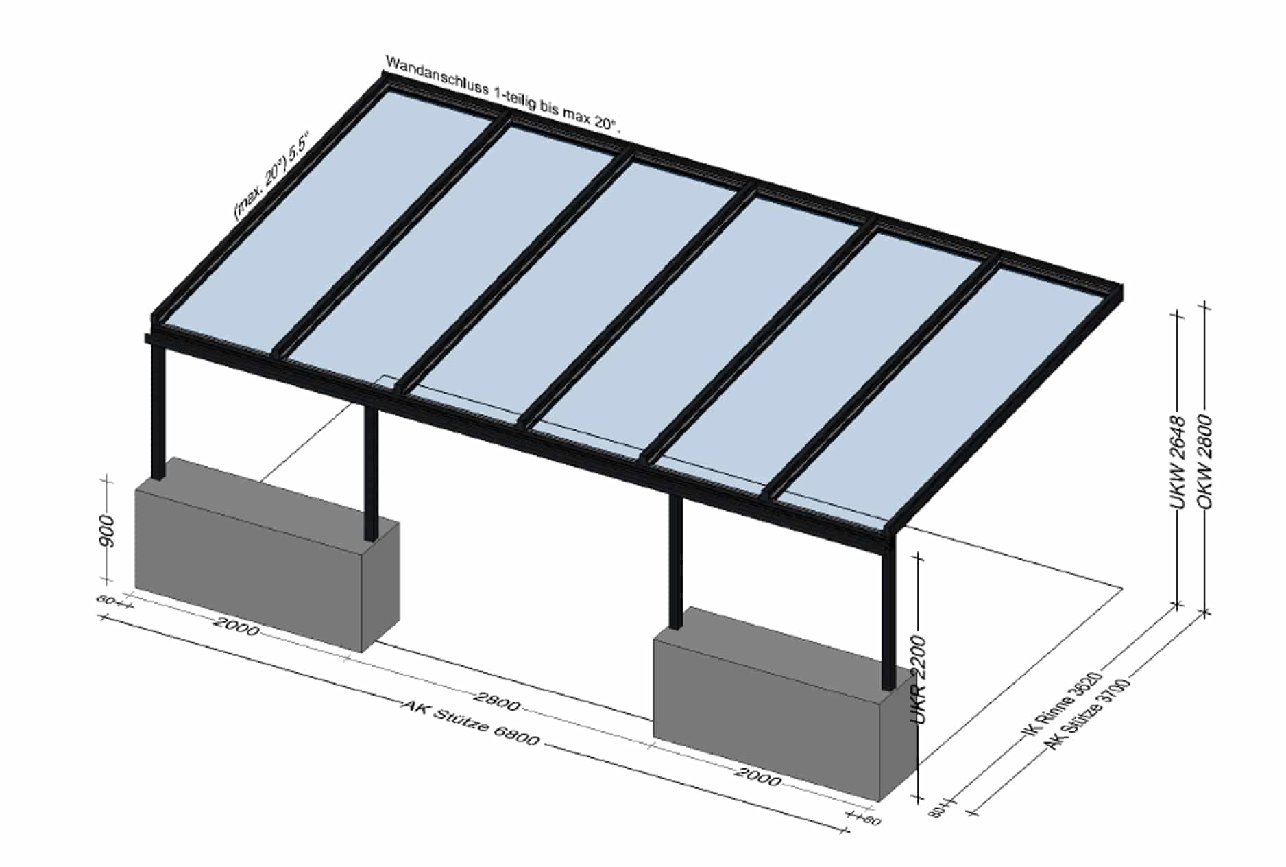 Terrassenüberdachung auf gemauerten Sockel montiert