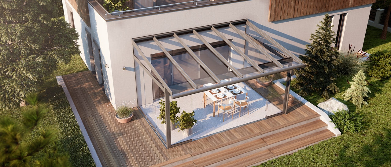 Terrassenüberdachung nachträglich schließen und erweitern mit flexibler Glaslösung für geschützten Wohnraum im Außenbereich.