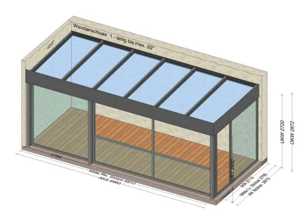 Terrassenüberdachung Flachdach Attika in grau - teilverglast - Planungszeichnung